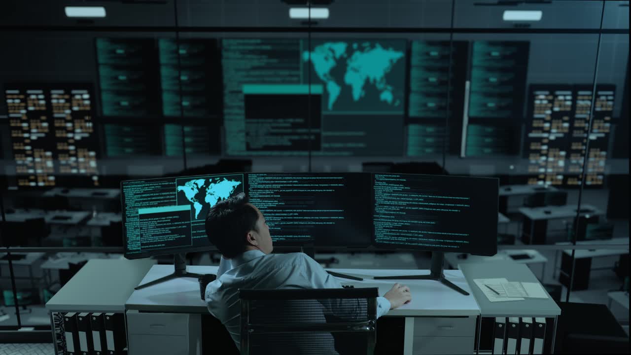 Back View Of Bored Asian Man Developer Write Code With Multiple Computer Screens In The Office