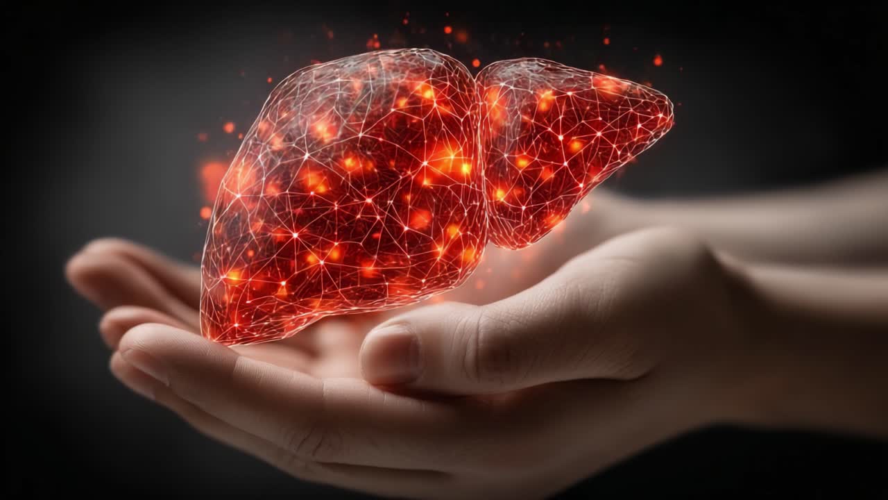 Una straordinaria visualizzazione di un ologramma di fegato umano tenuto tra le mani, che simboleggia la salute, la vitalità e l'importanza del benessere degli organi nell'imaging medico e nell'educazione.