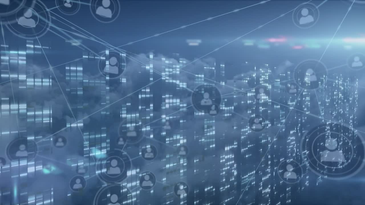Animation of network of connections and data processing with icons over cloudy sky
