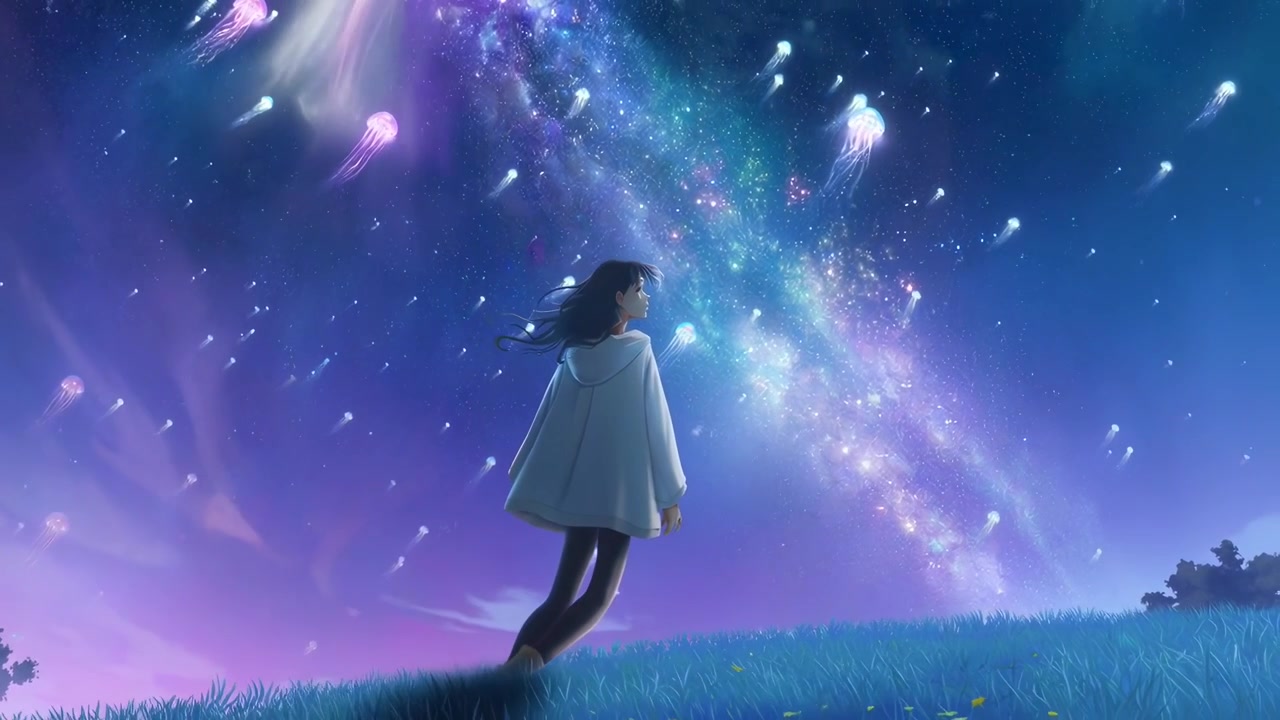 Giovane donna che ammira un cielo notturno magico con meduse luminose