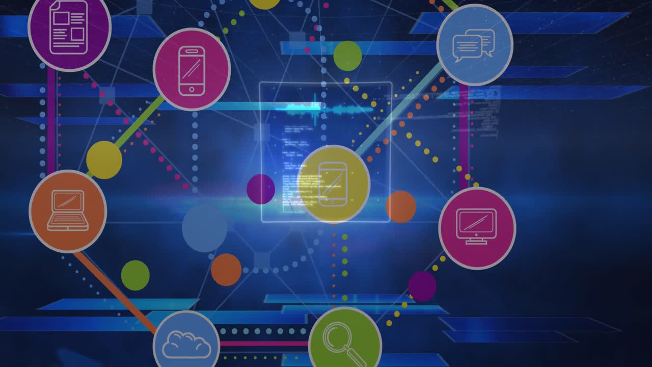 animación de escaneos y iconos sobre fondo azul