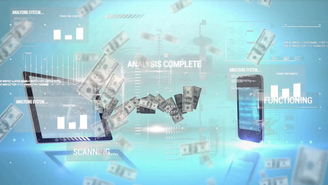 US-Dollar-Scheine fallen, bilden ein Band auf einem Scan, verbinden Tablet und Telefon, die eine abgeschlossene Analyse zeigen.