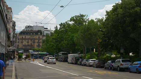 sunny day time montreux city center traffic street slow motion panorama 4k switzerland