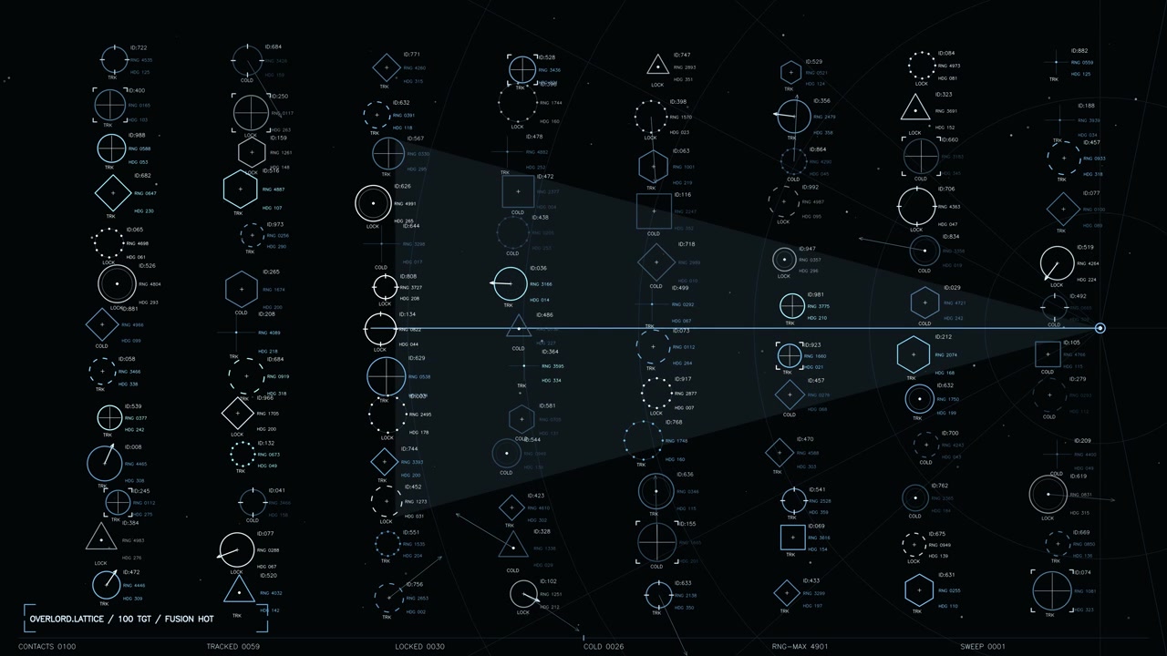 This high tech interface displays a complex array of tactical information, featuring numerous geometric icons representing tracked targets. Each element includes dynamic telemetry data such as range a