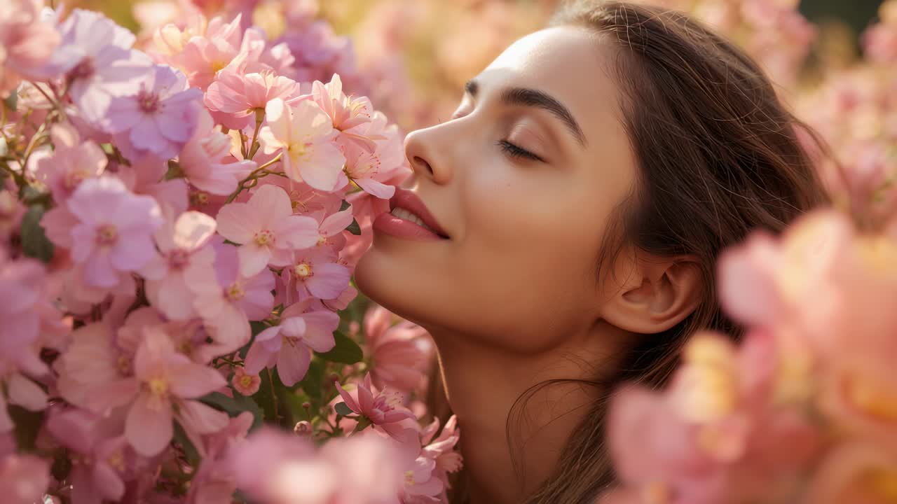 Donna appoggiata che inclina il mento, inspirando il profumo portato dalla brezza in un giardino con fiori rosa pallido