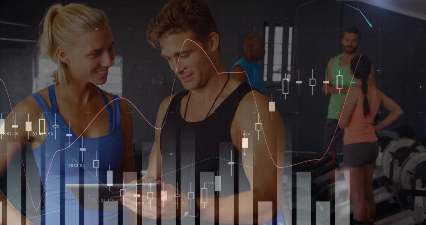 Trainer nodding and swiping tablet while client analyzing workout data with pulsing fitness charts