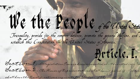 animation of article text over african american soldier praying