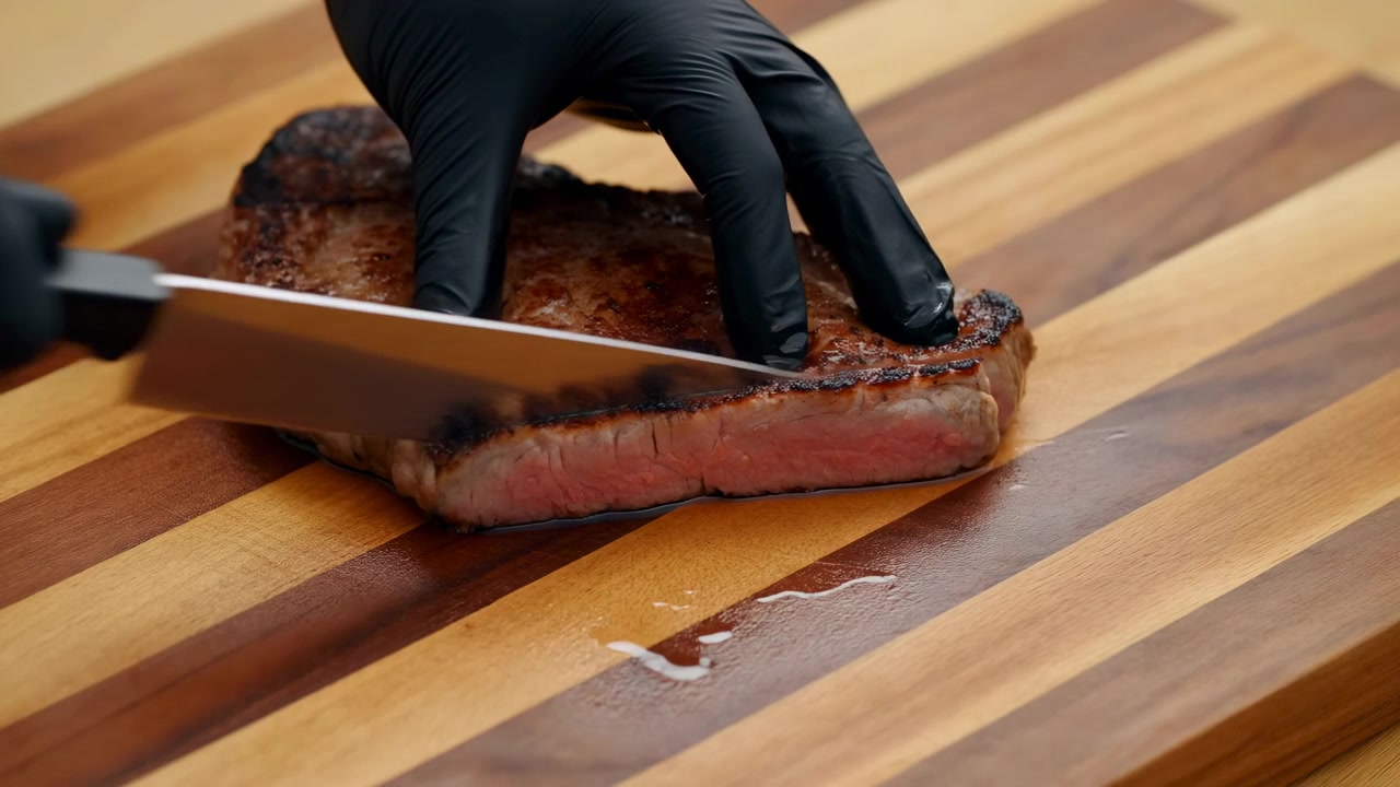 Un coltello affilato si muove con decisione attraverso la bistecca rosolata mentre una mano guantata la tiene ferma, esponendo l'interno rosa e umido su un tagliere di legno a strisce sotto una luce calda