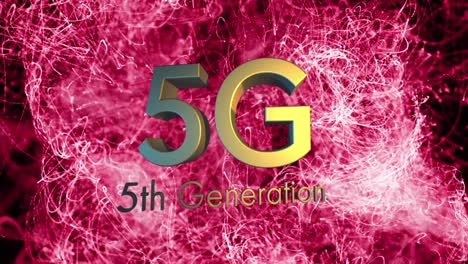 animation of 5g 5th generation text over pink networks of connections