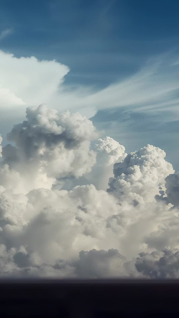 Vertical video: Panning camera capturing towering cumulus clouds from window, revealing frame latch