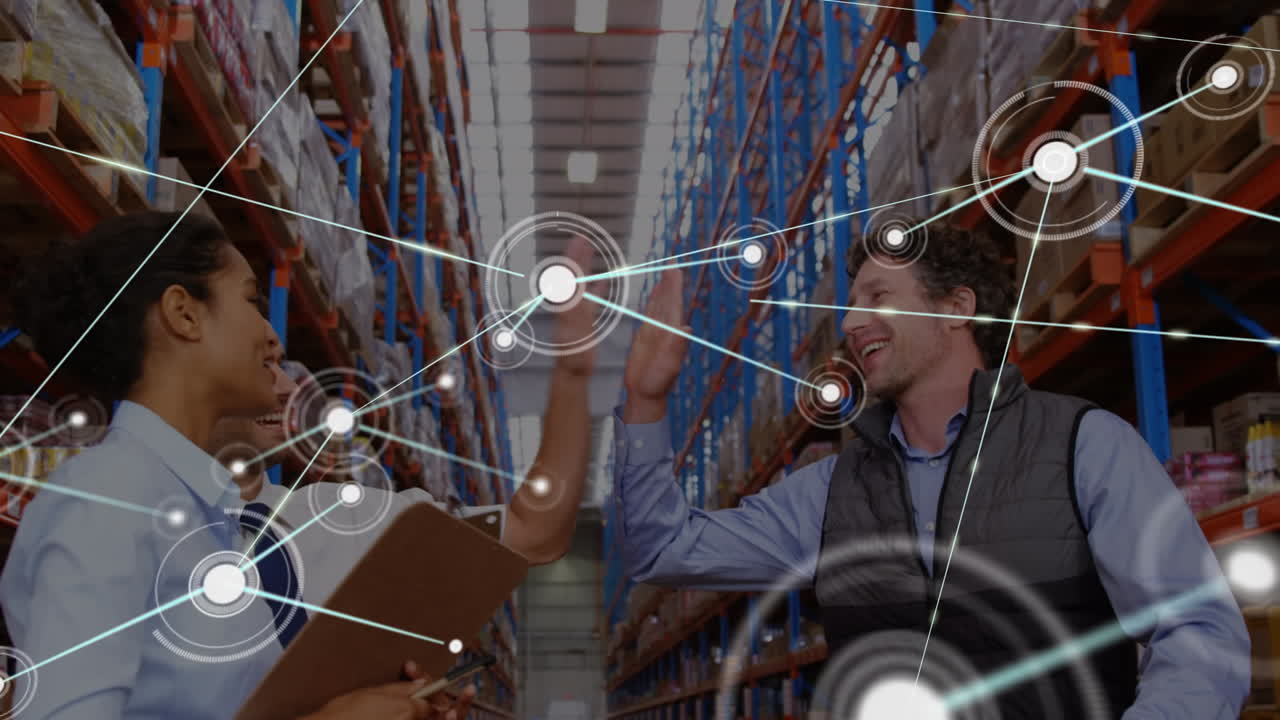 Animation of network of connections over diverse people in warehouse
