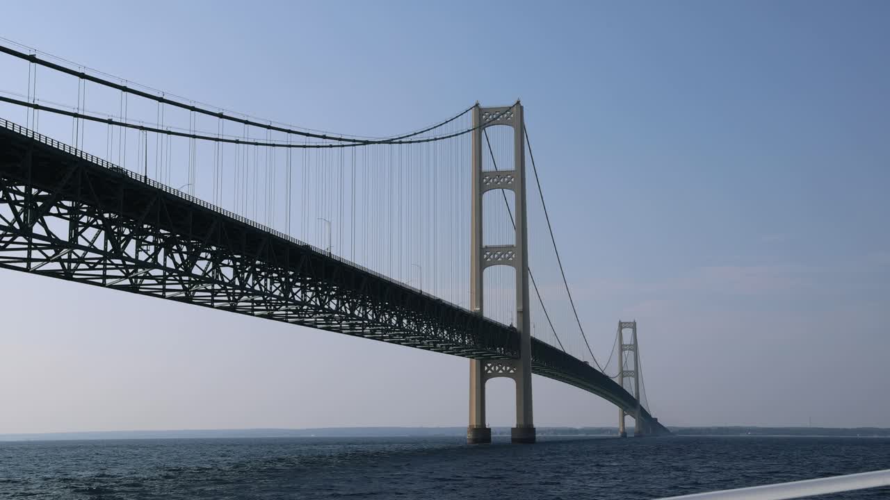 View under Mackinac Bridge from a ferry in Michigan