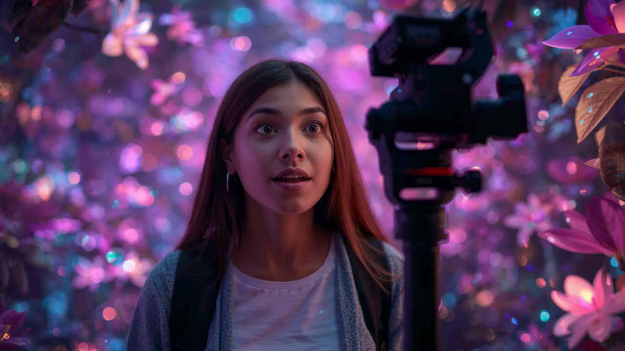 Reacting to camera rig, creator in white tee, backpack opening arms, showing LED blooms in exhibit