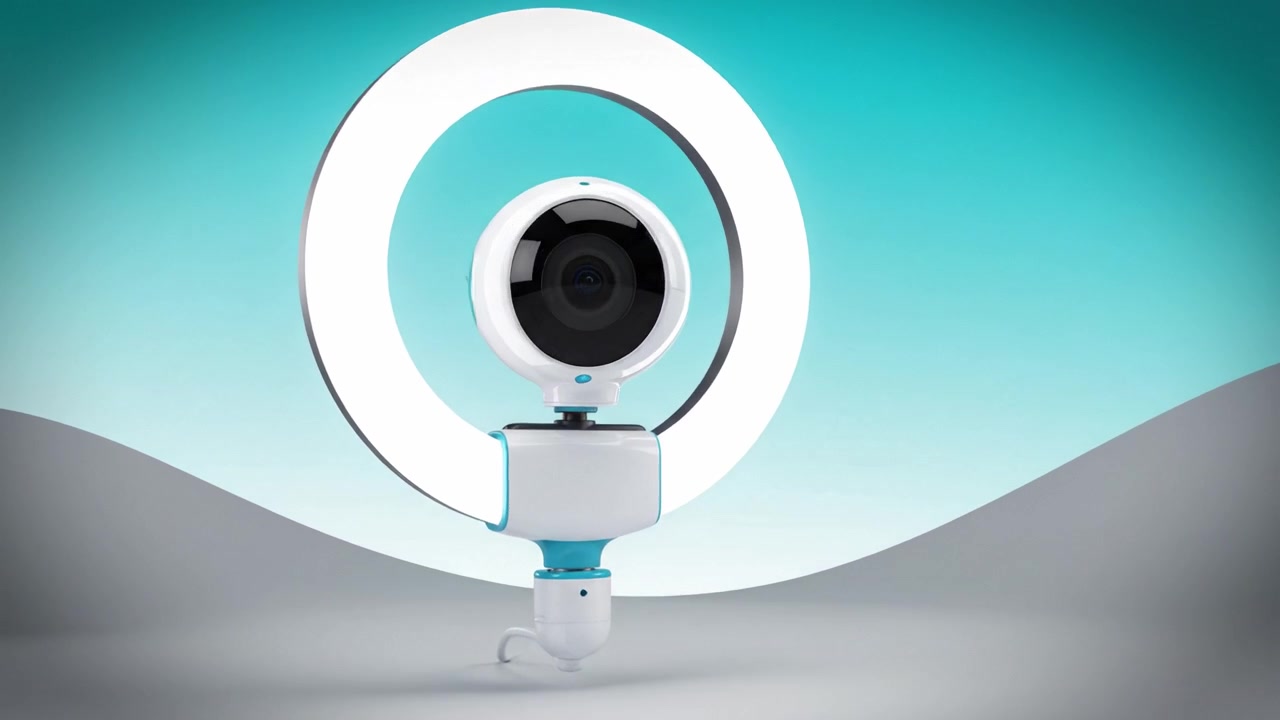Un dispositivo elegante e moderno con un design a fotocamera sferica su uno sfondo turchese vibrante, che evidenzia tecnologia innovativa ed estetica.