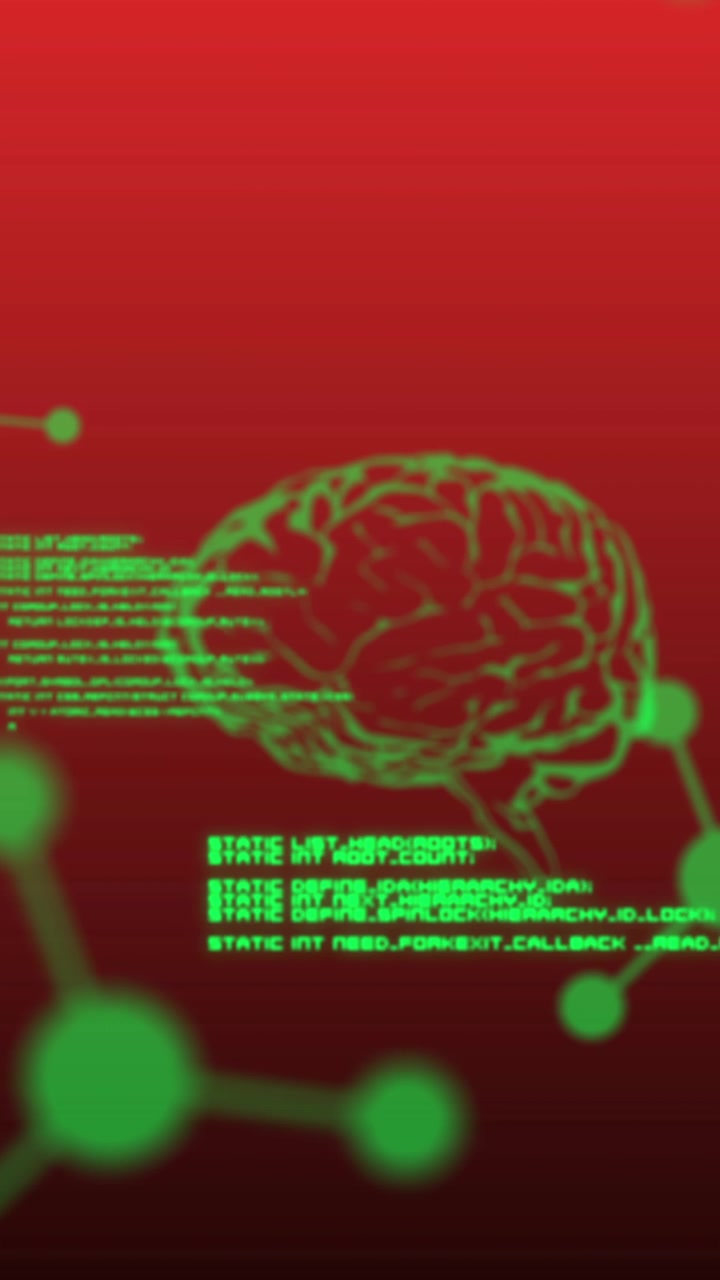 Animation of scientific data processing and human brains over red background