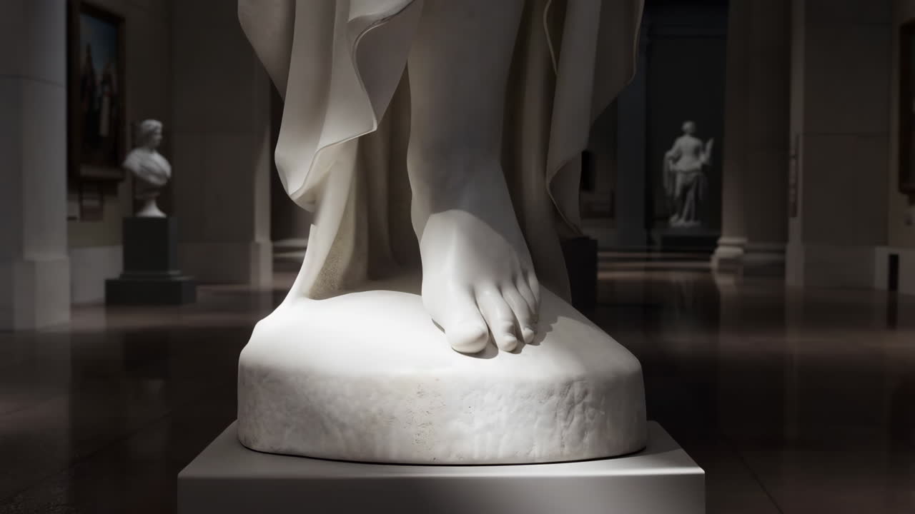 Close-up of a Marble Statue's Foot in a Museum Gallery