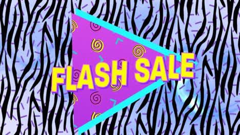 Digital-animation-of-flash-sale-text-on-purple-banner-over-zebra-stripes-pattern-on-blue-background