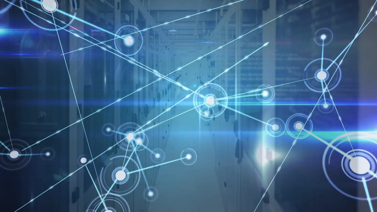 Node appearing, emitting beams over server aisle, HUD spawning links, forming web showing network