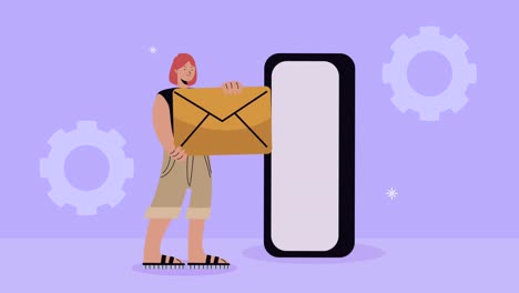 elegante mujer de negocios levantando un sobre con un teléfono inteligente