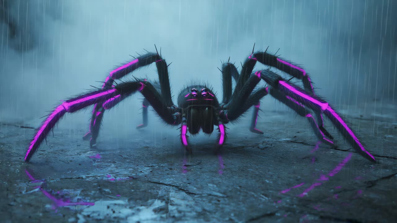 Glowing Purple Spider in the Rain