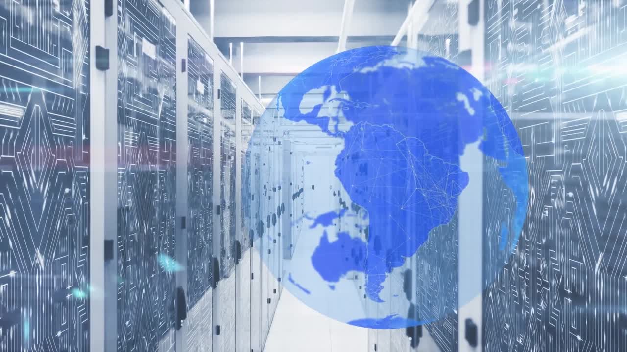 서버 방 위의 지구와 빛의 반점의 애니메이션