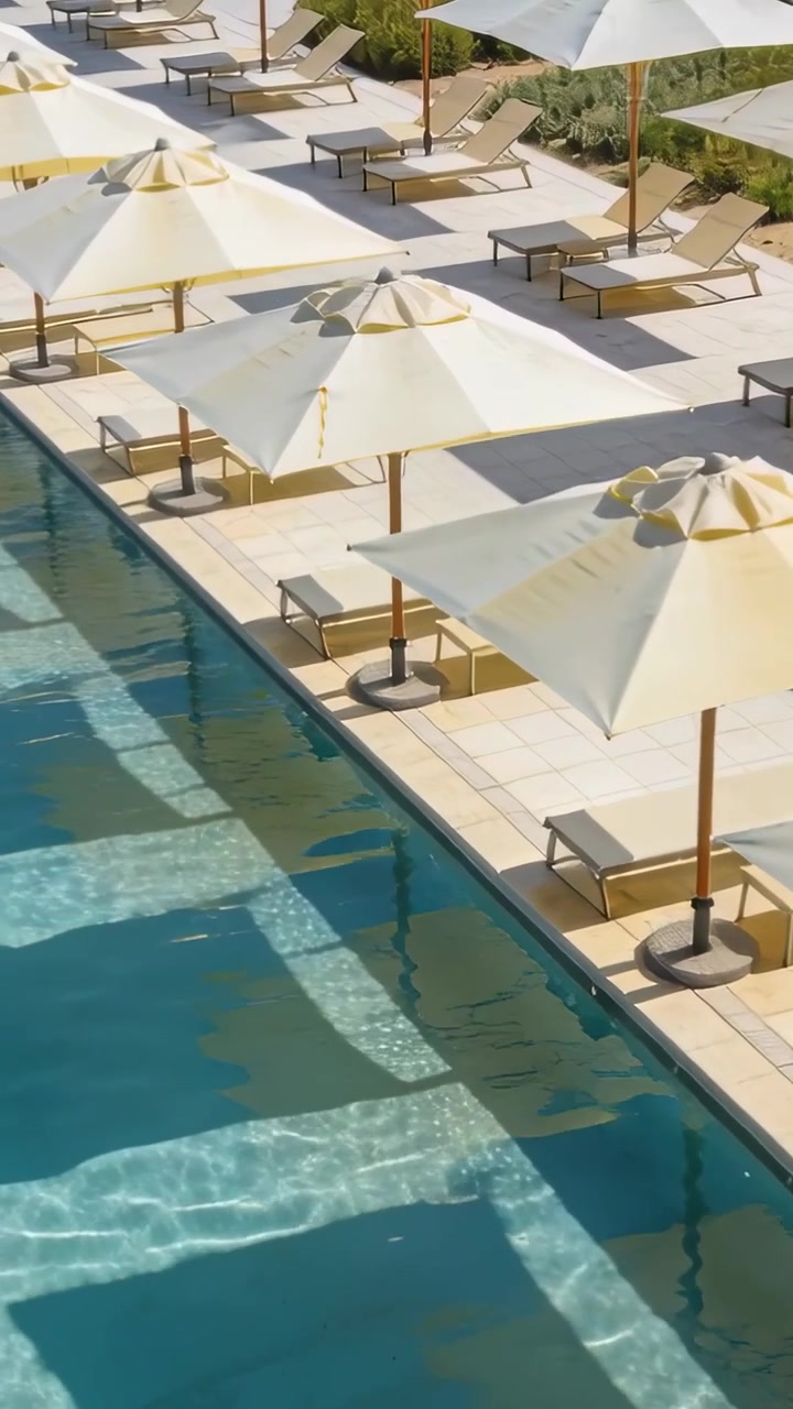Vertical video: Camera panning down revealing resort pool and cream umbrellas with beige loungers