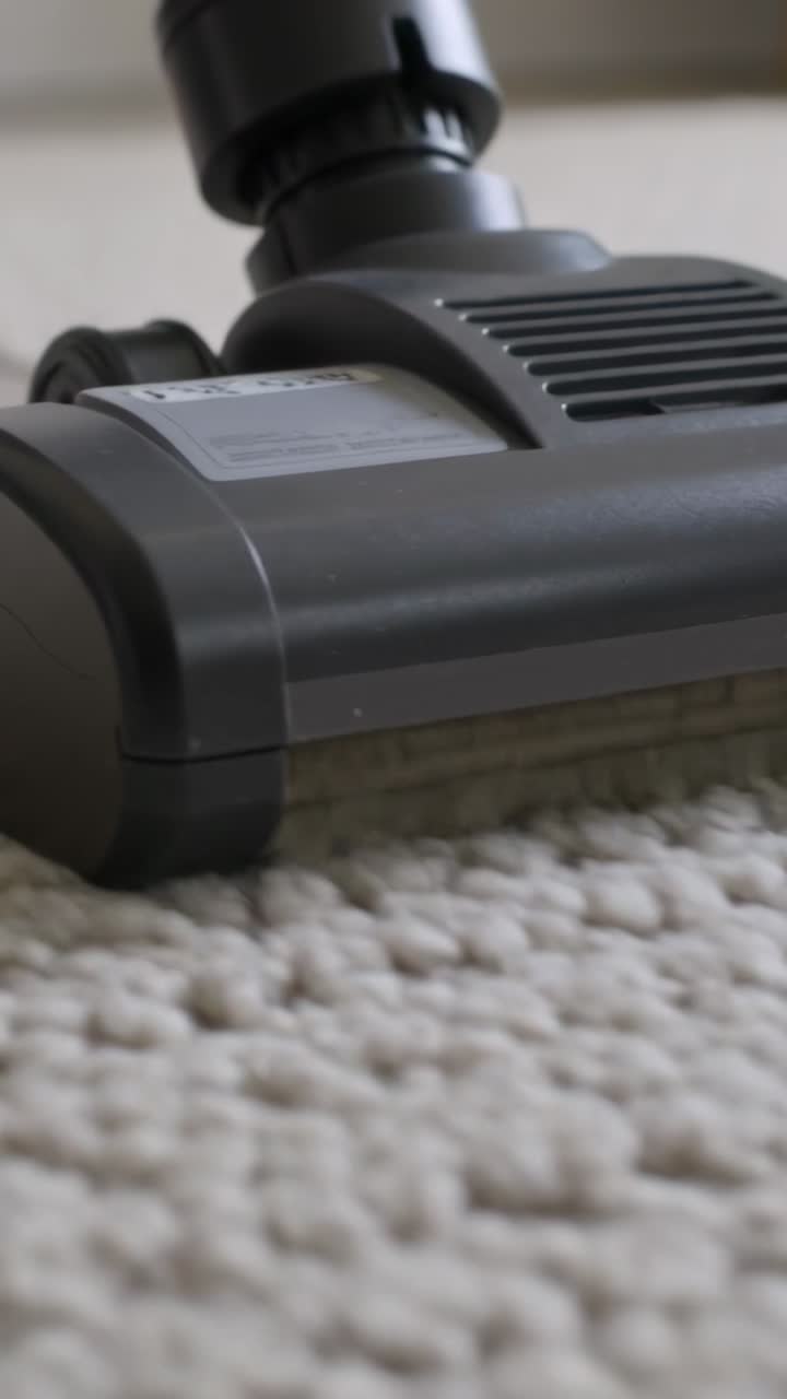 Vertical video: Moving powerhead pushed by user on beige carpet at home to clean with swivel wand