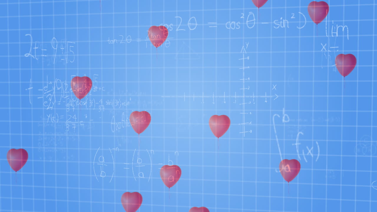 파란색 배경에 수학적 방정식에 떨어지는 심장의 애니메이션