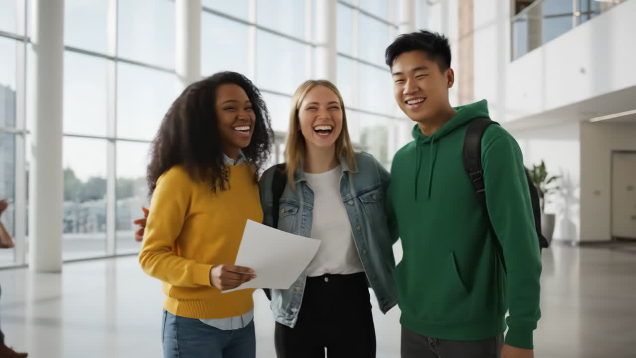 Diverse group of happy students discussing a document on campus