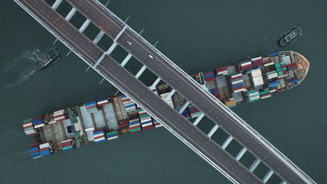 large container ship passing under suspension bridge