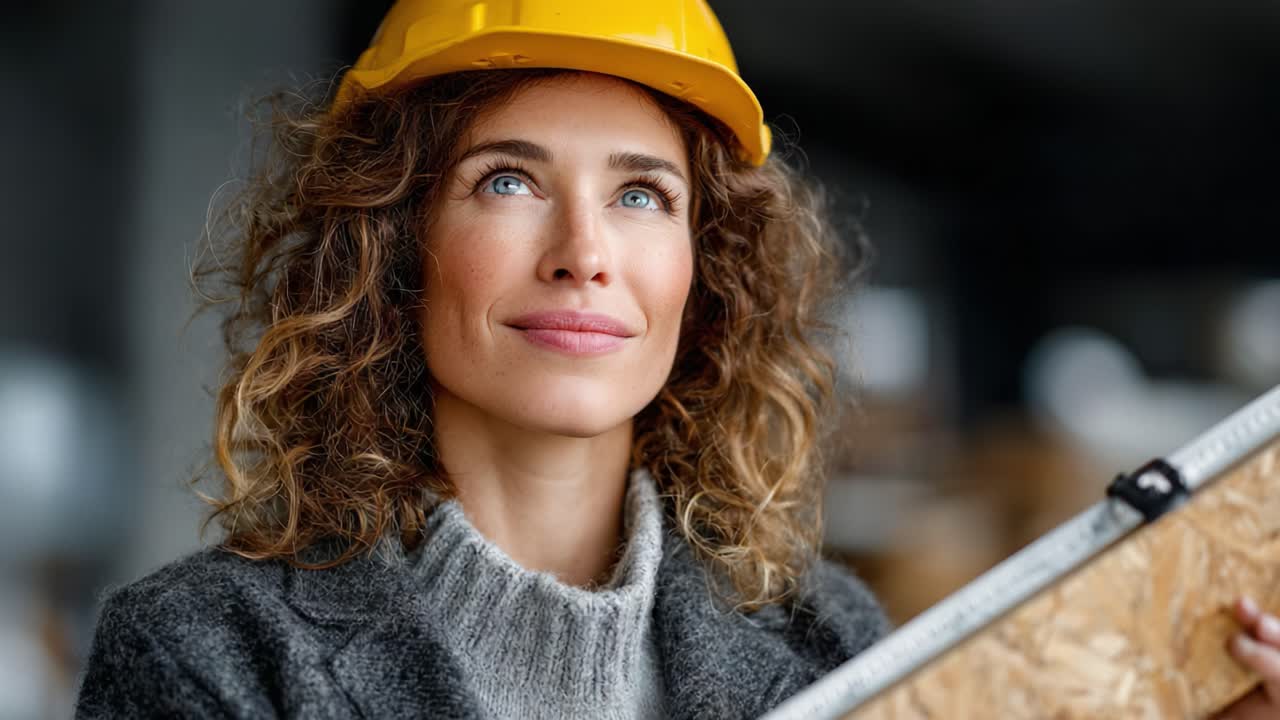 Confident Female Construction Worker in Yellow Hard Hat, Showcasing Professionalism and Determination While Holding Building Tool and Looking Upward