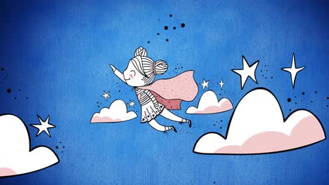 animation of flying super hero girl , over night sky