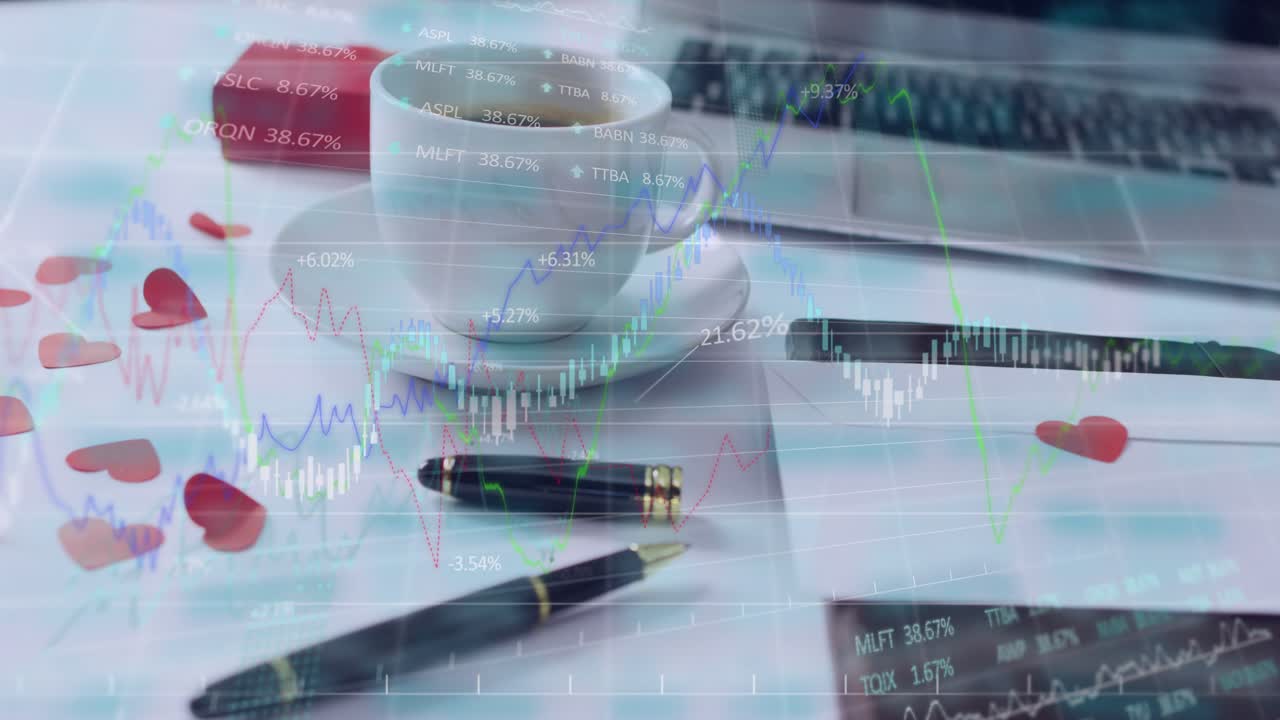 Coffee cup and envelope on desk glitching waves forming candlestick chart showing financial data