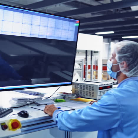 Modern manufacturing background. Workers in protective clothing inside the industrial factory. Specialists look at computer monitors at advanced factory.