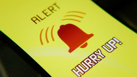 a ringing alarm bell, appearing on a smartphone as a red shaking icon with the text hurry up