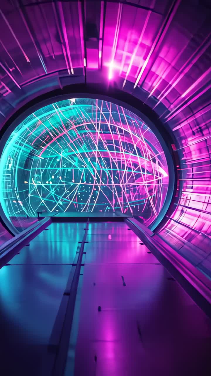 Vertical video: Gliding camera moving along tunnel toward portal, showing shifting neon grid