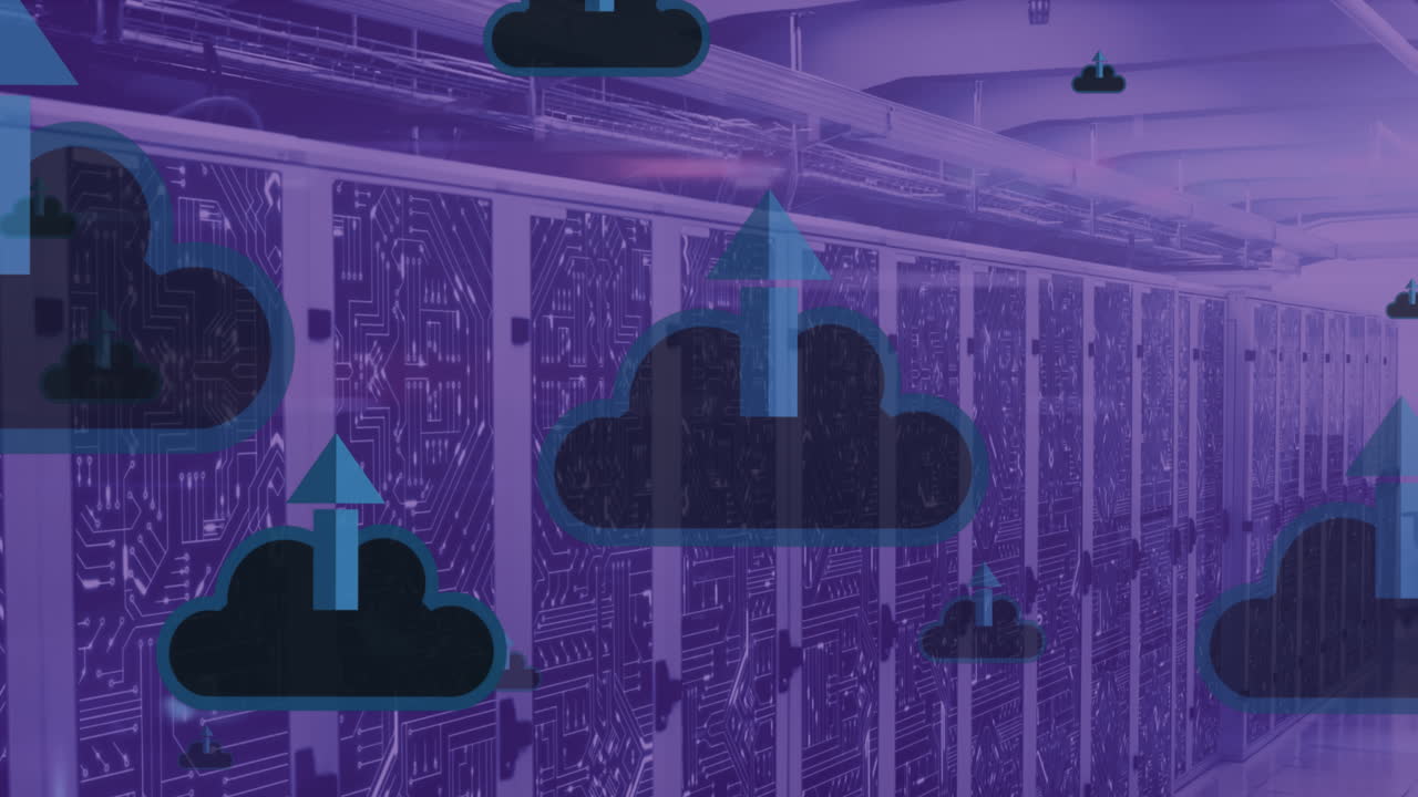 Animation of clouds with uploading over violet server room