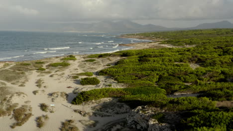 Atemberaubende-Sonnenuntergangsluftaufnahme-über-Dem-Strand-Von-Can-Picafort,-Mallorca