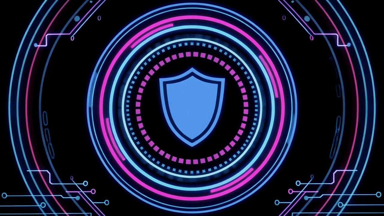 Animowana ikona tarczy cyberbezpieczeństwa ze świecącymi elementami UI