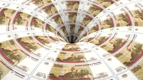 russian rubel banknotes flow in hole