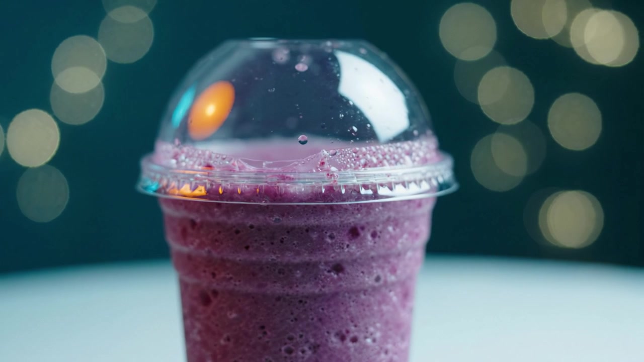 Deliziosa bevanda viola con bollicine in una tazza trasparente su uno sfondo di luci soffuse e sfocate, che cattura l'essenza del rinfresco e dell'indulgenza