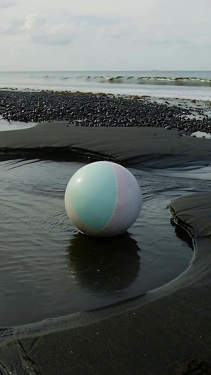 Vertikal video: Tidevannsvann som beveger seg gjennom en buet kanal og dytter en pastellfarget ball på mørk sand under bølgeslag