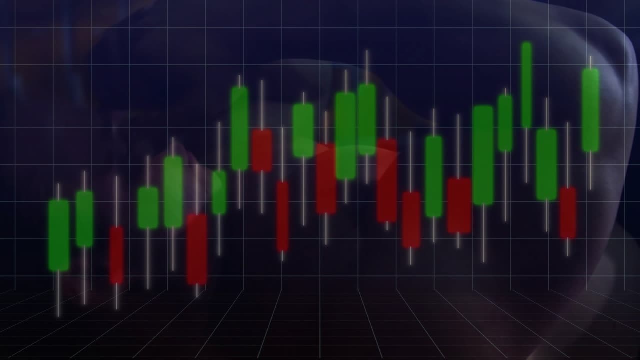 Animated candlestick chart on live feed, fluctuating and revealing male face, showing finance trend