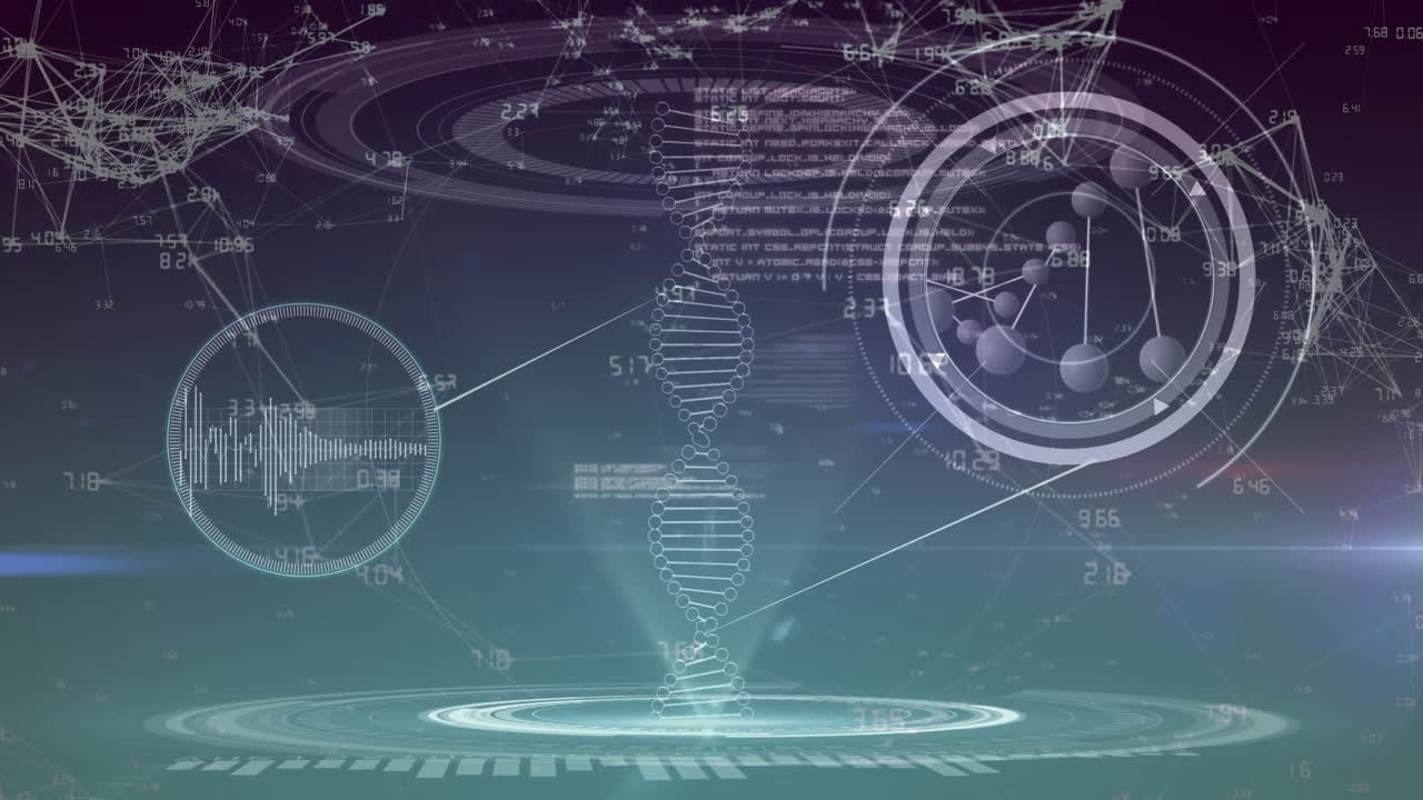adn con discos pulsantes de luz y datos en un fondo oscuro