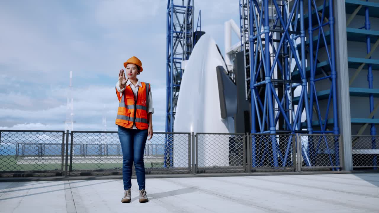 Full Body Of Asian Female Engineer With Safety Helmet Disapproving With No Hand Sign While Standing With Space Shuttle