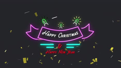 Animation-of-season's-greetings-neon-text-over-confetti-falling