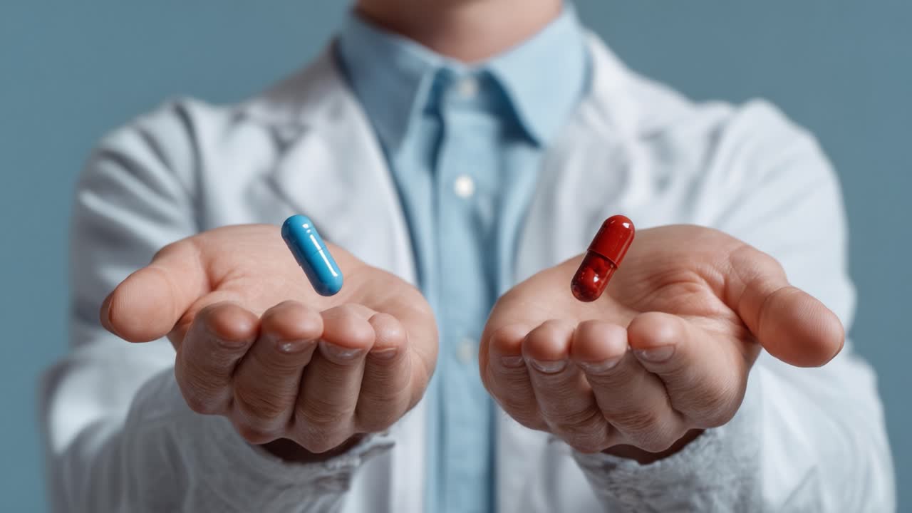 A Thoughtful Choice: Exploring the Significance of the Blue and Red Pills Held in the Hands of a Person Dressed in a Lab Coat, Symbolizing Different Paths or Decisions