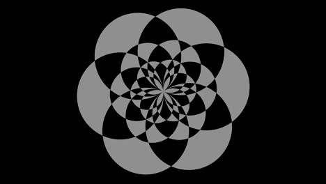 objeto gráfico en blanco y negro con efecto estroboscópico e hipnótico, que gira en el sentido de las agujas del reloj disminuyendo el tamaño de pantalla completa a desaparecer en el centro, en formato de video 16: 9