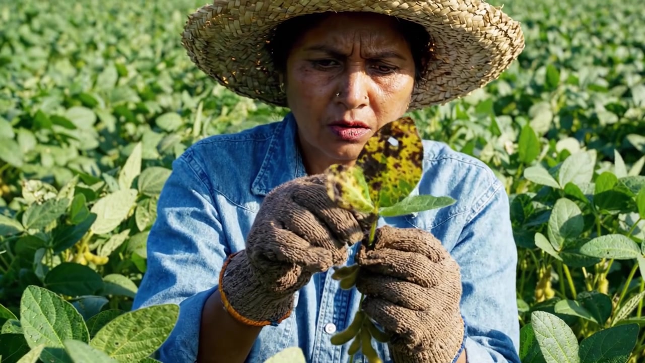 Un agricultor dedicado examinando plantas de soja en busca de problemas de salud en exuberantes campos verdes bajo la luz brillante del sol, demostrando cuidado y habilidad en la agricultura