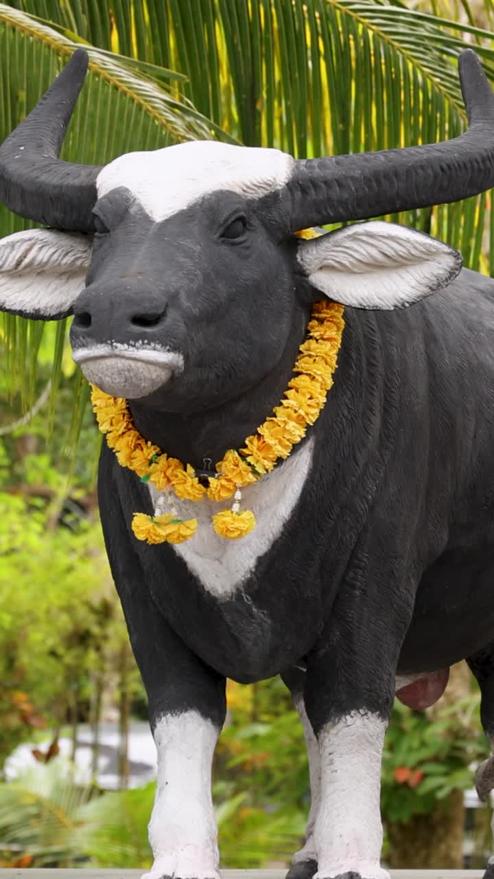 Buffalo and cow statues adorned with garlands in a lush garden setting, captured with vibrant lighting and static camera angles